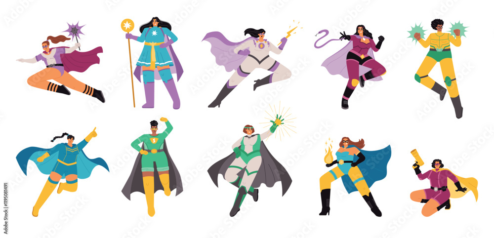 Fototapeta premium Cartoon female superheroes. Power women characters with capes and masks, various skills, different actions, comic personajes, vector set