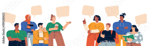 Cartoon debaters. Young people groups confrontation, opposition teams, antagonists disputes, students opponent communication, vector concept.