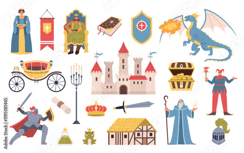 Cartoon fabulous characters and elements. Medieval fairy tales carriage, castle, knight and magician, ancient period objects, vector set