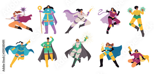 Cartoon female superheroes. Power women characters with capes and masks, various skills, different actions, comic personajes, vector set
