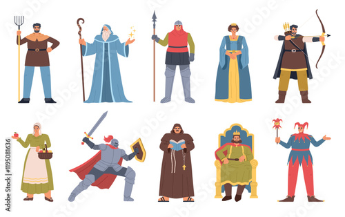 Cartoon medieval characters. European middle ages people, historic period, men, women in ancient costumes, knight, king, jester, vector set