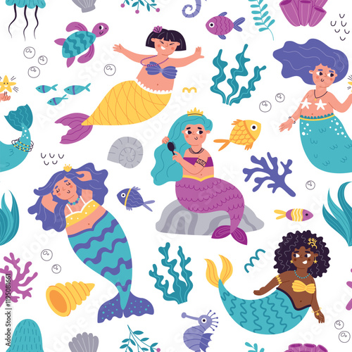Cartoon mermaids seamless pattern. Cute repeated underwater girls, fairytale characters, seaweed, seahorses and corals, vector template