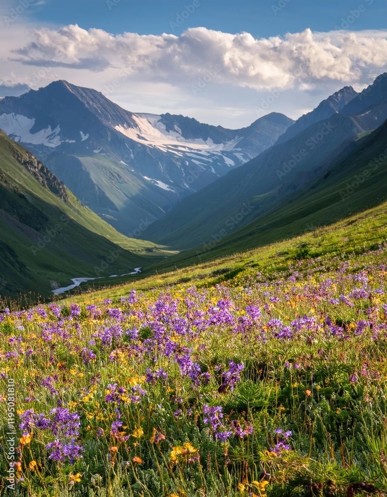 Fototapeta premium Vibrant Wildflowers Bloom Across Mountain Valley