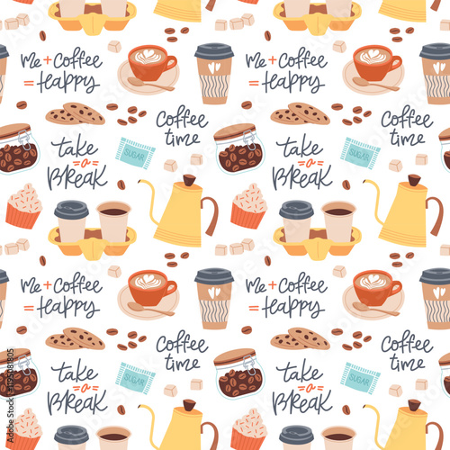 Cartoon repeated coffee elements. Cute hot strong drink accessories, endless print for textiles and wrapping paper, vector seamless pattern