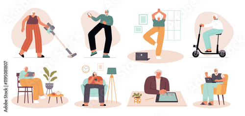 Cartoon senior people with modern gadgets. Old progressive persons use different digital device, grandparents learn technologies, vector set