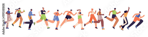 Cartoon running people. Female and male healthy activity, happy active characters, sport training, energetic athletes on run, vector set