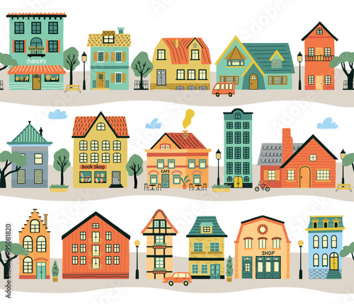 Cartoon small houses facades. Linear streets with cute buildings along roads, european cottages and stores, urban neighbourhood, vector set