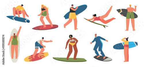 Cartoon surfers summer characters. Water sports people, wave riders on beach, guys and girls with boards, funny extreme athletes, vector set