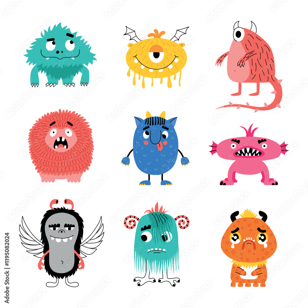 Comic monsters characters. Funny little creatures, colorful cartoon kids mascots, cute fluffy and toothy mutants, fairy animals, vector set Comic monsters characters. Funny little creatures, colorful cartoon kids mascots, cute fluffy and toothy mutants, fairy animals, vector set