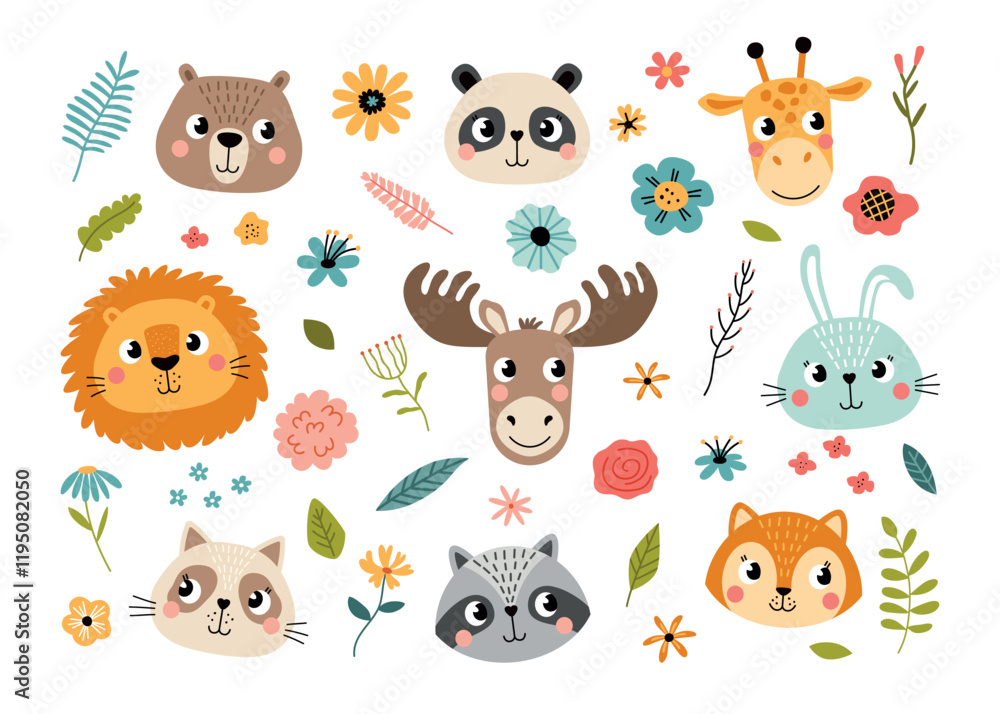 Naklejka premium cute animals faces and pretty flowers. Plants and baby lion, bunny, deer and racoon heads, funny fauna portraits, cartoon cubs, vector set