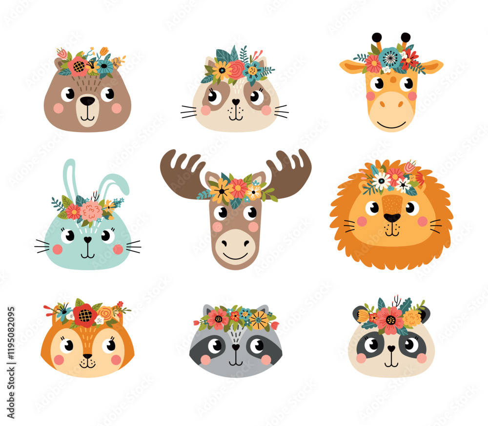 Obraz premium cute animals in flower wreaths. Funny faces of forest kids characters, cartoon raccoon, fox, deer portraits, positive emotions, vector set