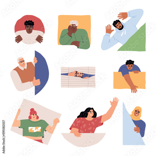 Curious happy people peeping. Men and women looking out windows, openings, watching from hiding places, hiding behind shapes, vector set
