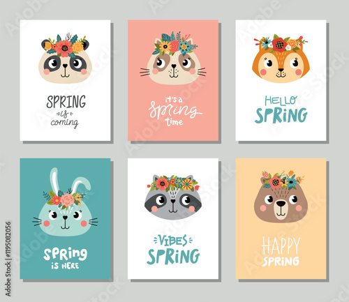 cute animal faces in flower wreaths. spring inhabitants of forest, funny cartoon fauna portraits, panda, hare, raccoon heads, vector set