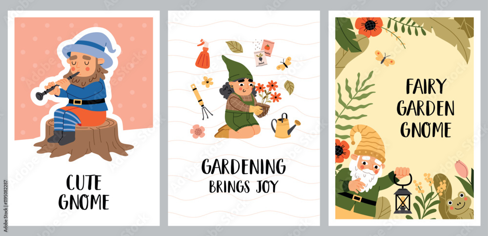 Fototapeta premium Cute happy gnomes in garden. Funny figures in dwarf hats, mythical helpers and guardians, plant care place, little gardeners, vector posters