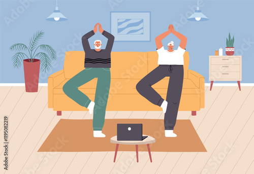 Cute elderly couple doing yoga at home. Senior people watching laptop exercises, old persons leisure, modern technologies, vector concept