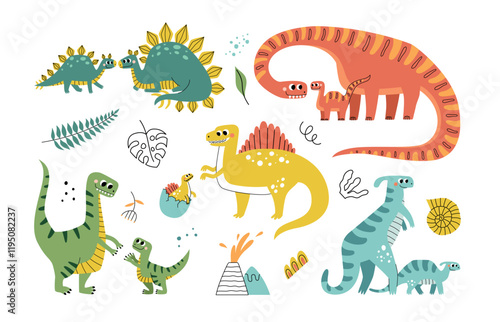 Cute dino parents with children. Cartoon dragon babies and moms, tropical reptiles, dinosaurs characters, kids with mothers, vector set