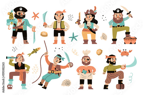 Cute funny pirates. Cartoon characters, ships crew members, robbers and robbers of seas, captain with parrot, sailors and cook, vector set