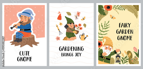 Cute happy gnomes in garden. Funny figures in dwarf hats, mythical helpers and guardians, plant care place, little gardeners, vector posters