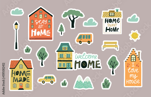 Cute small houses stickers with lettering. Funny cartoon home facades and cozy city elements, scandi style hipster emblems, vector set
