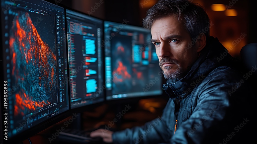 Focused man working late on multiple computer screens, analyzing data. Focused man working late on multiple computer screens, analyzing data.