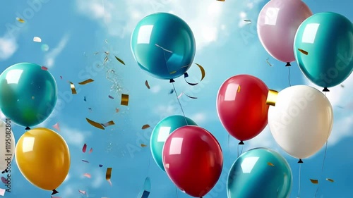 Colorful helium balloons floating in the air with confetti.