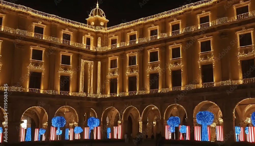 Fototapeta premium Illuminated Plaza Building Festive Night Lights Display