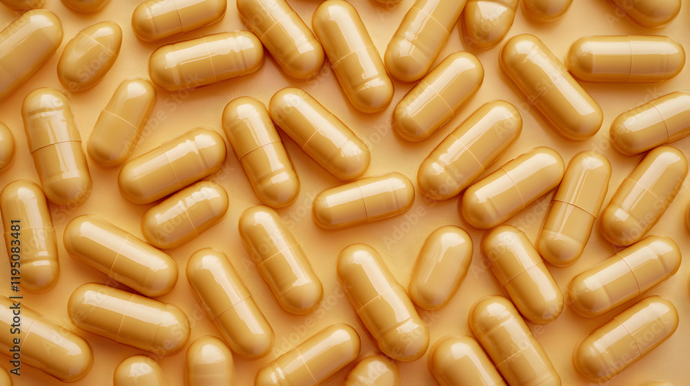 Golden Capsules Background: A close-up shot of numerous shiny golden capsules scattered on a matching background, creating a rich, textural pattern. Perfect for health, wellness. Golden Capsules Background: A close-up shot of numerous shiny golden capsules scattered on a matching background, creating a rich, textural pattern. Perfect for health, wellness.