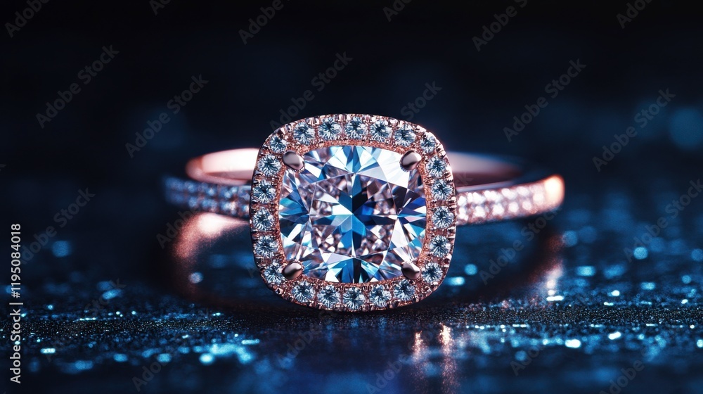 A high-end diamond ring with a cushion-cut stone is featured on a dark background, showcasing its luxurious appeal. A high-end diamond ring with a cushion-cut stone is featured on a dark background, showcasing its luxurious appeal.