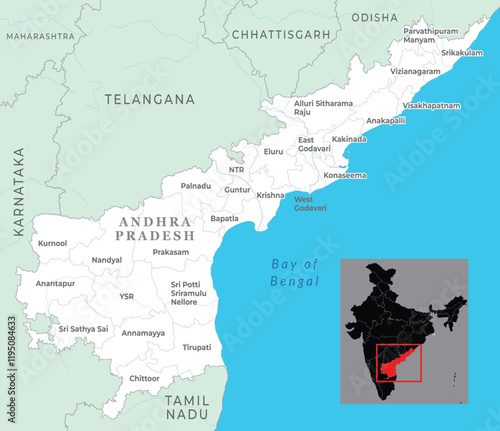 Andhra Pradesh district map, marked with district names, state of India