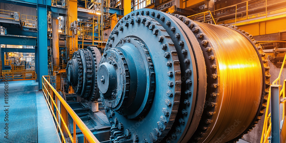 Interior of a large industrial facility with massive grinding machinery and heavy metal structures. The orange and blue color scheme highlights the industrial ambiance and mechanical details. Interior of a large industrial facility with massive grinding machinery and heavy metal structures. The orange and blue color scheme highlights the industrial ambiance and mechanical details.