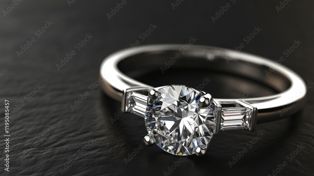 A luxurious diamond ring with a baguette side stone setting sparkles on a dark background, adding to its refined aesthetic. A luxurious diamond ring with a baguette side stone setting sparkles on a dark background, adding to its refined aesthetic.