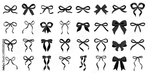 Simple hand drawn black ribbon bow collection. Bowknot for decoration, big set of bowtie. Large retro ribbon illustration set. Set of various cartoon bow knots, gift ribbons. Valentines day. Knot, tie
