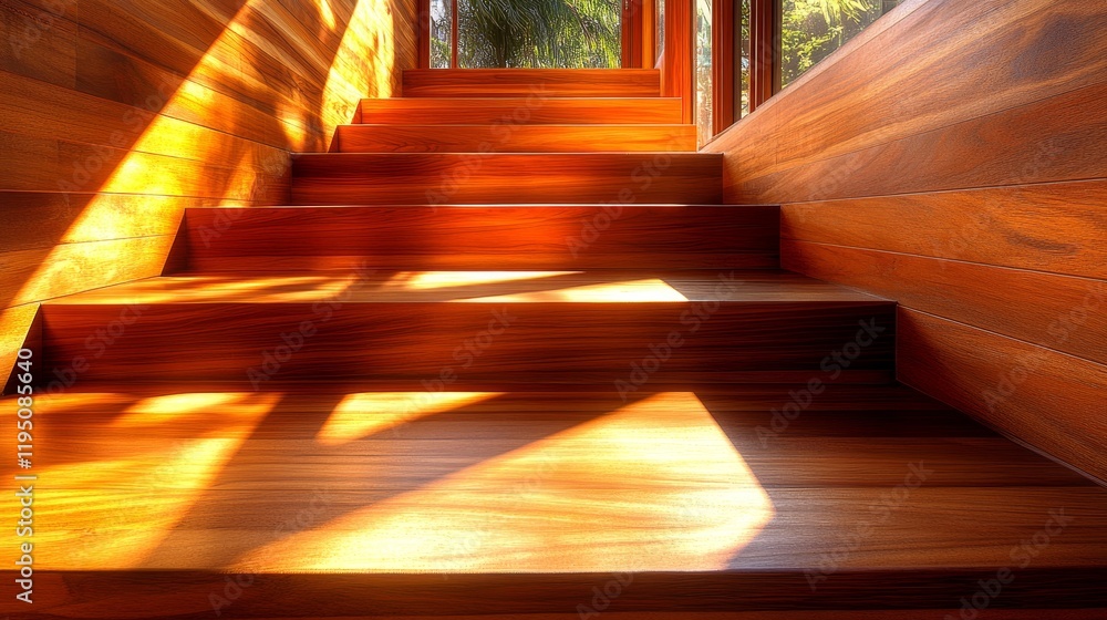 Sunlit wooden staircase warm light through window creates inviting home ambiance Sunlit wooden staircase warm light through window creates inviting home ambiance