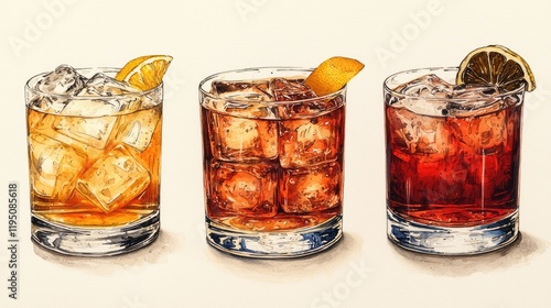 Three Glasses of Iced Cocktails with Citrus Garnish