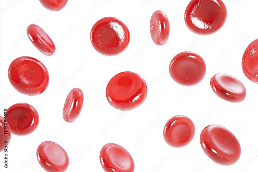Red Blood Cells in Motion: A microscopic view of numerous red blood cells floating freely, showcasing their vibrant red color and smooth, disc-like structure. Red Blood Cells in Motion: A microscopic view of numerous red blood cells floating freely, showcasing their vibrant red color and smooth, disc-like structure.