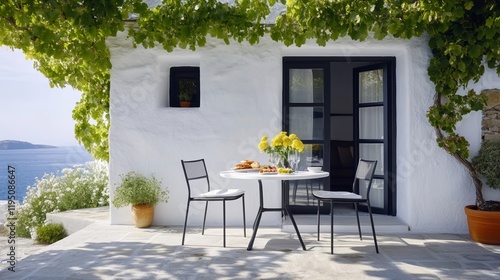 A quaint Greek taverna with outdoor seating under grapevine canopies surrounded by blooming flowers and the aroma of fresh food rare spring in Greece rustic dining  photo