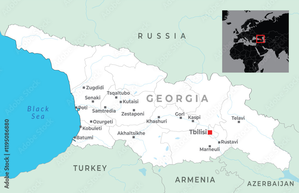 Fototapeta premium Georgia map highlighting its geography, borders, major cities with national borders