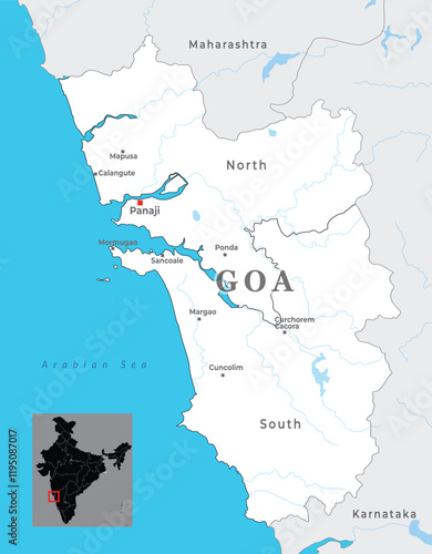 Goa district map with capital Panaji, state of India