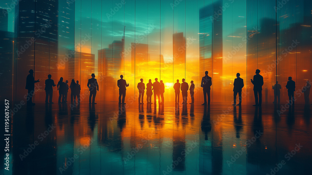 A virtual meeting scene with multiple professionals discussing a deal. Bright lighting, contrast A virtual meeting scene with multiple professionals discussing a deal. Bright lighting, contrast
