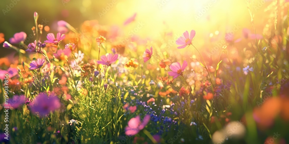Obraz premium Vibrant wildflowers in a lush meadow illuminated by golden sunlight with hues of pink orange and green positioned throughout the field