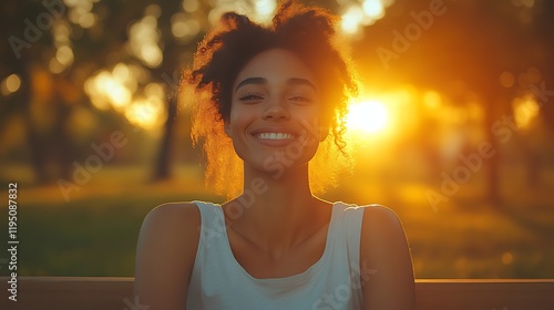 Fototapeta Naklejka Na Ścianę i Meble -  Happy woman smiling at sunset in park.