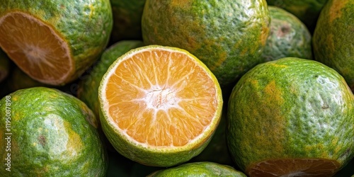 Closeup of Kintamani oranges with green coarse skin and thick peel arranged in a pile; vibrant orange interior exposed, contrasting textures. photo