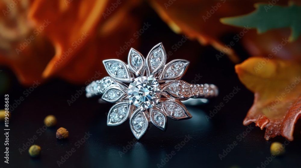 Fototapeta premium A luxury diamond ring with a floral-inspired design rests on a dark surface, showcasing its delicate artistry.