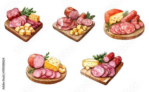 Watercolor set of wooden boards with sausage and cheese and greens. Cutting sausage, salami and hard cheese. Preparation for sandwiches, pizza, canapés, snacks, etc. Vector illustration.