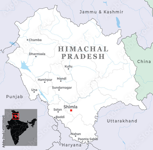 Himachal district map with capital Shimla, marked most importanct cities, state of India