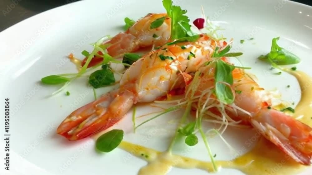 Camera zooms on shrimp dish garnished greens zest sauce or Close-up shows meticulous arrangement Camera zooms on shrimp dish garnished greens zest sauce or Close-up shows meticulous arrangement