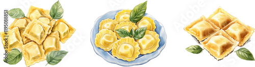 Watercolor set of ravioli png. Ravioli are depicted as freshly prepared with a relief egg texture of the dough. They are complemented by fresh green basil leaves. Italian forge watercolor.