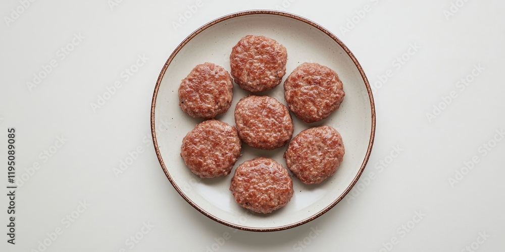 Minced pork and beef cutlets arranged in a circular pattern on a white plate with minimalistic background showcasing clean and ample negative space Minced pork and beef cutlets arranged in a circular pattern on a white plate with minimalistic background showcasing clean and ample negative space