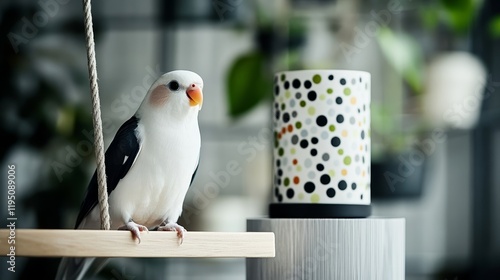 Elegant A cockatiel swinging on a colorful wooden swing inside a cozy well decorated aviary rare pets playing bird delight  photo