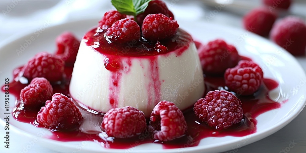 Delicious coconut panna cotta topped with vibrant raspberry sauce and fresh raspberries on a white plate with mint leaf garnish Delicious coconut panna cotta topped with vibrant raspberry sauce and fresh raspberries on a white plate with mint leaf garnish